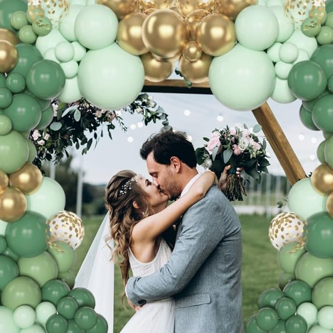 Amandir 148pcs Sage Green Balloon Garland Arch Kit, Different Sizes 18 12 10 5 inch Sage Green Gold Latex Metallic Confetti Gold Balloons St. Patrick's First Communion Safari Baptism Decorations
