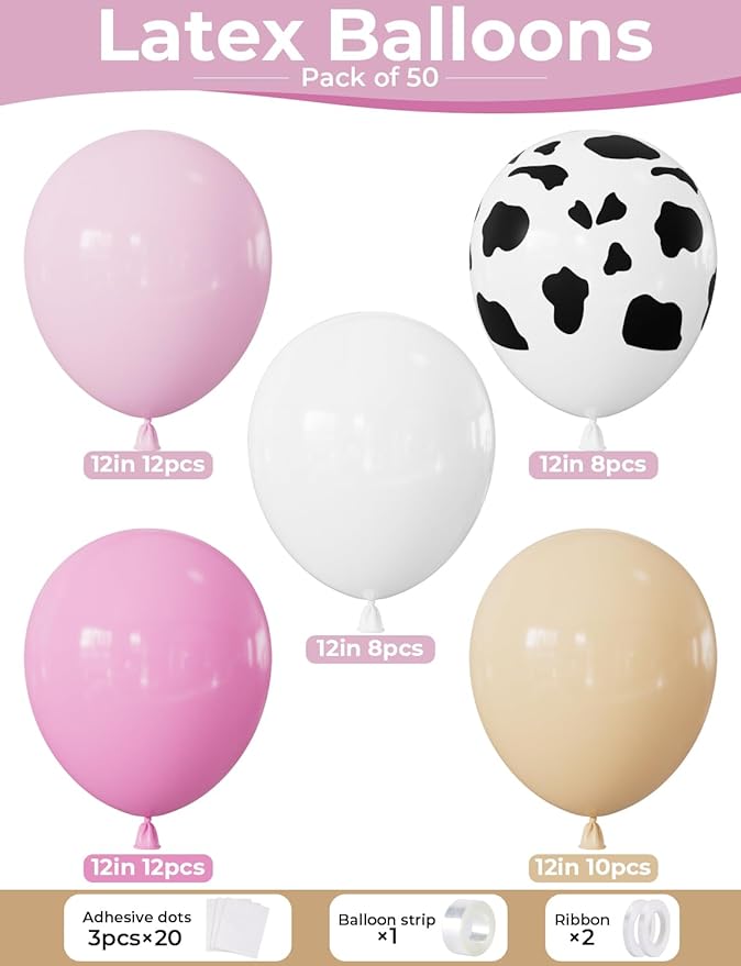 Cow Print Balloons, 12 Inch Pink Cow Balloons, 50PCS Pastel Pink, Nude & White Latex Balloon for Girl Baby Shower Birthday Farm Theme Party Decorations