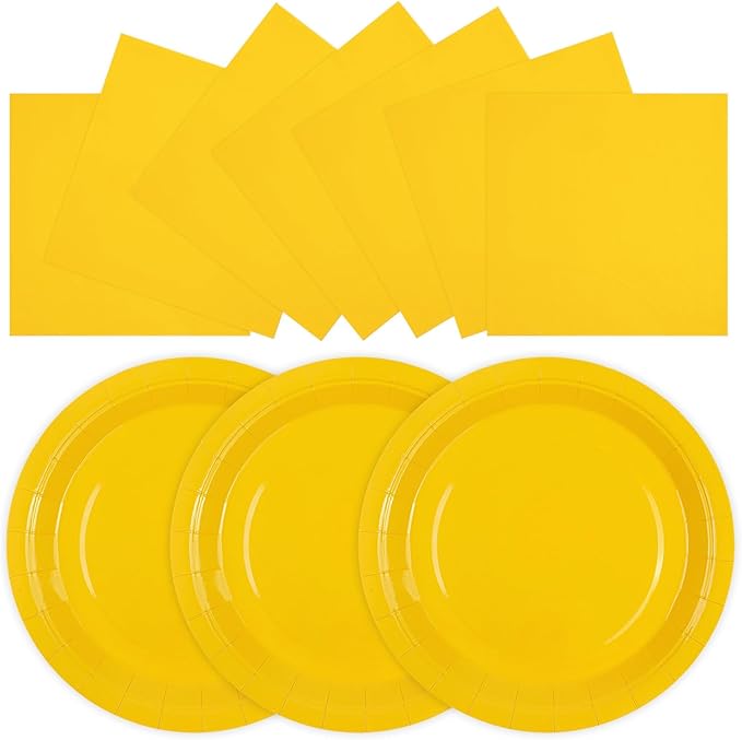 50PCS Yellow Paper Plates and Napkins Decorations, 7Inch Solid Yellow Dessert Plates Disposable Cake Plate Tableware Set Party Supplies for Birthday Anniversaries Baby Shower Wedding