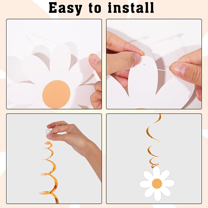 60pcs Daisy Flower Hanging Swirls Colorful Daisy Foil Swirls Ceiling Hanging Decor Flower Cutouts Party Supplies for Boho Hippie Groovy Retro Themed Birthday Baby Shower Spring Party Decorations Favor