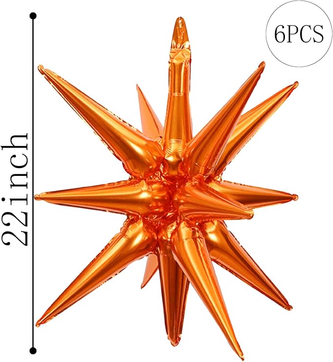 6 Pcs Orange Star Foil Balloons One-Piece 14-Pointed Star Balloon 4D Cone Mylar 22inch Christmas Birthday Wedding Fireworks Shape Party Supplies (Orange)
