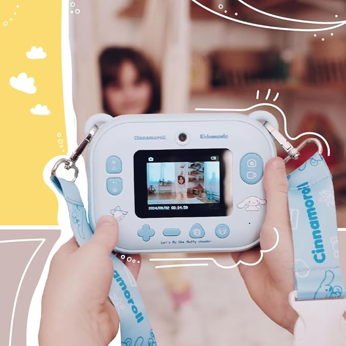 kiimento Sanrio Licensed Instant Print Digital Camera, Best Travel Buddy Cinnamoroll, 2.4” HD Screen, Ink-Free B&W Printing, Selfie Lens, 1080p Video, 32GB Memory Card (Model P)