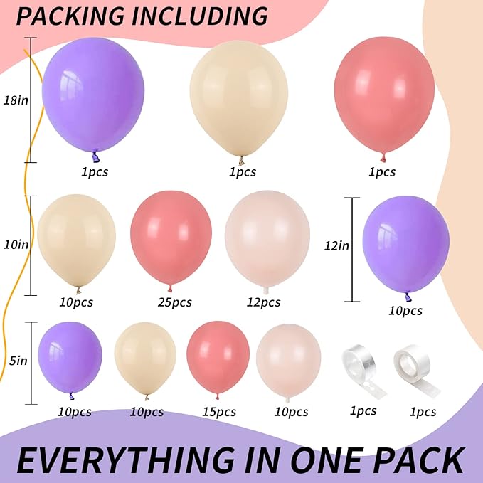 Purple Pink Balloon Garland Arch Kit Nude White Double Stuffed Balloons Cream Blush White Sand Latex Balloons Peach Pastel Light Purple Dusty Pink Balloon Birthday Party Decoration Boho Wedding