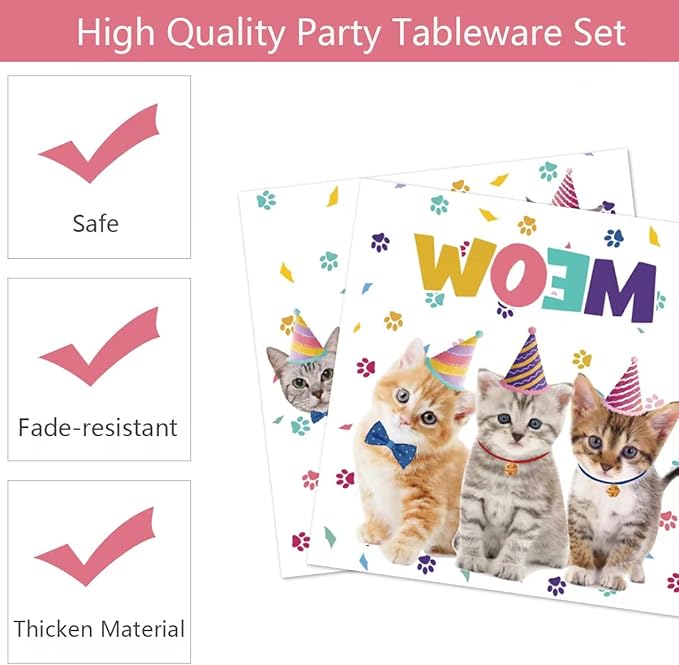40PCS Cat Birthday Party Supplies Kitten Birthday Party Decorations Cat Plates and Napkins Party Supplies Disposable Plates for Cats Themed Parties Supplies, Serves 20