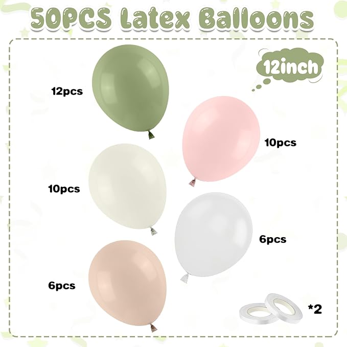 Pink and Sage Green Balloon, 50PCS 12Inch Olive Green Pink Sand White Ivory Clear Transparent Balloons for Wedding Birthday Baby Shower Gender Reveal Woodland Jungle Safari Decorations