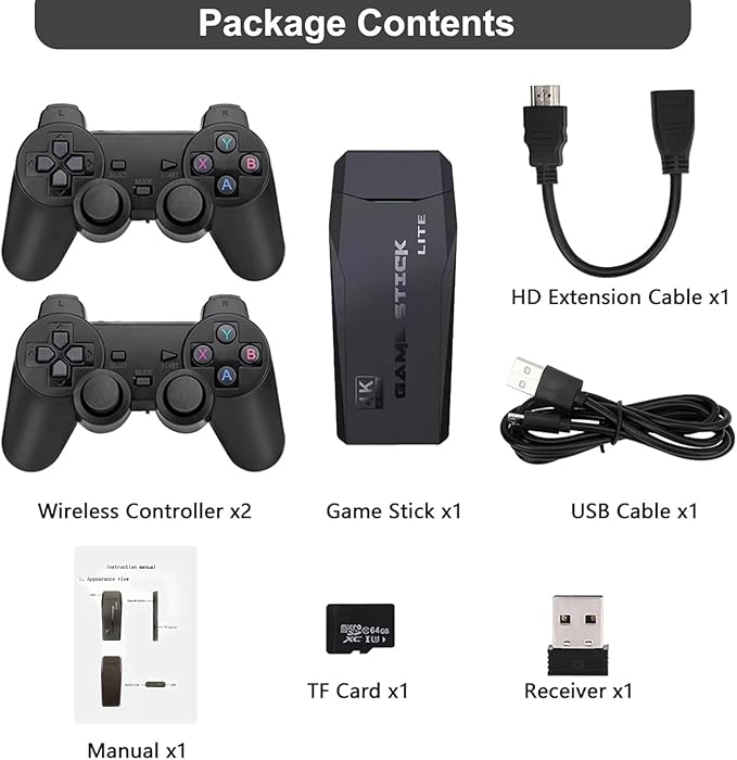 Wireless Retro Game Console Stick,4K HDMI Output & Dual 2.4G Wireless Controllers with 20000+ Games,Plug & Play Video Game Console,Ideal Gift for Gamers of All Age(64GB)(Black)