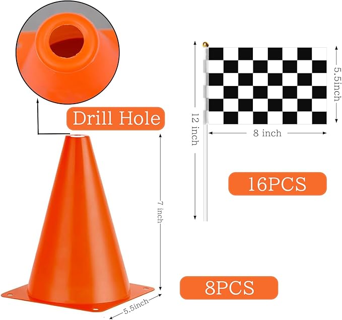 Traffic Cones with Racing Checkered Flags-8 Traffic Cones With Hole on Top, 16 Checkered Flags, Race Car Birthday Party Supplies, Table Centerpiece Decorations, Kids Gift (24PCS)
