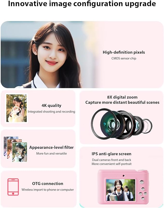 720P Electronic Camera for Children 48MP Photo 4K Video Registering Scratch Immune Display 16X Enlarge Multiple Color Sieves Electronic Toy Camera Gift