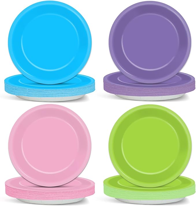 48PCS Monster Birthday Party Paper Plates for Monster Themed Party Supplies 7”Pink Purple Blue Green Cartoon Disposable Dessert Cake Plates for Kids Boys Girls Birthday Decorations