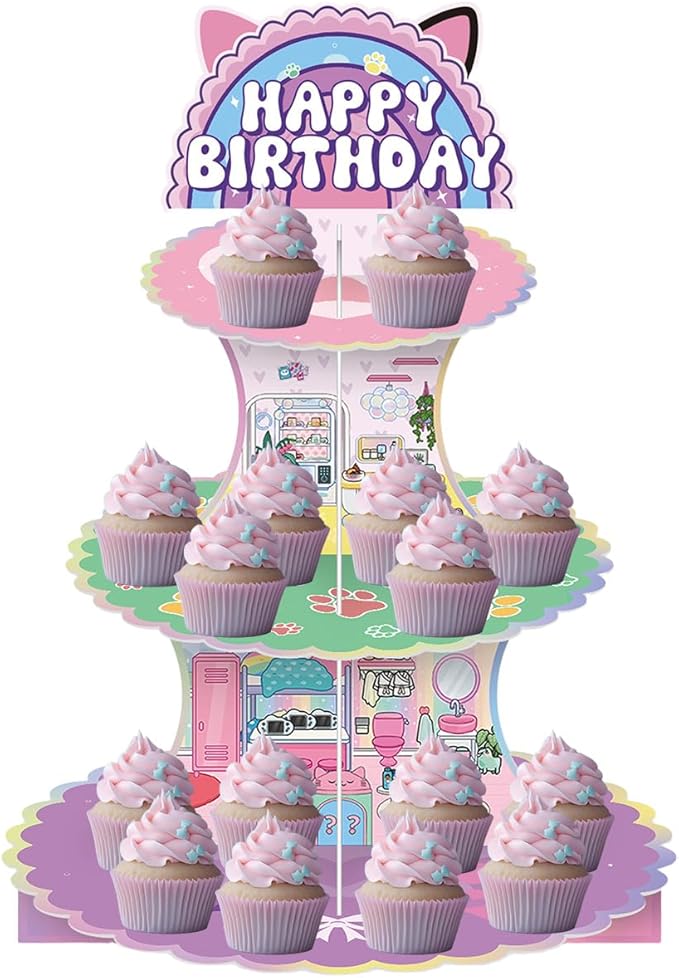 3-Tier Cartoon Doll House Cupcake Stand,Pink Cat Birthday Dessert Stand Doll House Theme Birthday Supplies