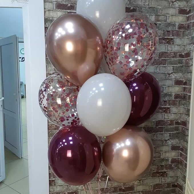 Burgundy Red Balloons, 35PCS Maroon and White Latex Balloons, Wine Red and Rose Gold Confetti Balloon for Birthday Wedding Anniversary Engagements New Year Valentines Day Party Decorations Supplies
