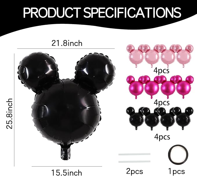 Vuzvuv 12pcs 24 Inches Mouse Head Foil Balloons, Rose Red Pink Mouse Shaped Balloon for Birthday Party, Baby Shower,Theme Party Decoration,Graduation Party Supplies