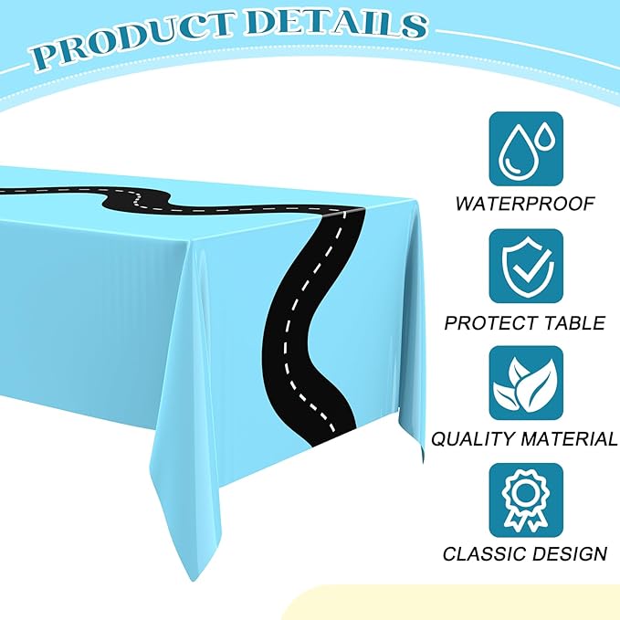 Irenare 3 Pcs Racing Table Cloths Car Birthday Party Supplies 54 x 108 Inch Racetrack Table Runner Covers Disposable Rectangular Road Tablecloth for Kids Boy Car Theme Party Decor (Light Blue)