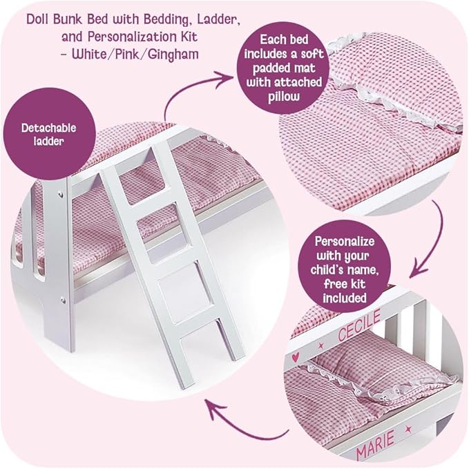 Badger Basket Doll Bunk Bed with Bedding & Ladder - Two Level Wooden Bed for Dolls, Includes Bedding & Accessories- White/Pink Gingham