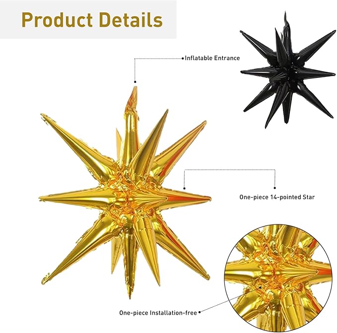 6 Pcs Gold Black Star Foil Balloons One-Piece 14-Pointed Star Balloon 4D Starburst Cone Mylar Balloon 22inch Christmas Birthday Wedding Wedding Anniversary Party Supplies (Gold + Black)