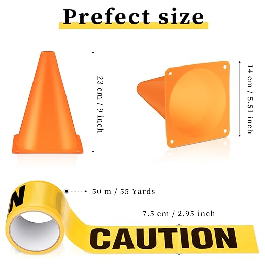 Frienda 11 Pcs Construction Birthday Party Supplies Plastic Traffic Cone Caution Tape Safety Road Parking Construction Cone Warning Tape for Halloween Party Outdoor Indoor (9 Inch Tall,Solid)