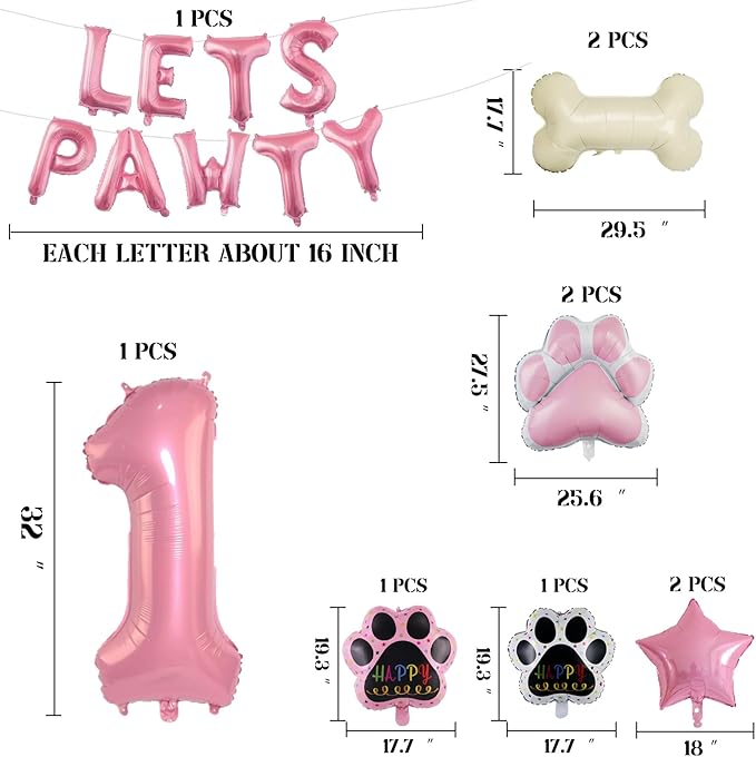 1st Dog Balloons 18pcs Lets Pawty Balloons Dog Paw Decor Pink 32 inch Pink Number Balloons Mylar Foil Balloons for Lets Pawty Birthday Decorations Dog 1st Birthday Party Supplies