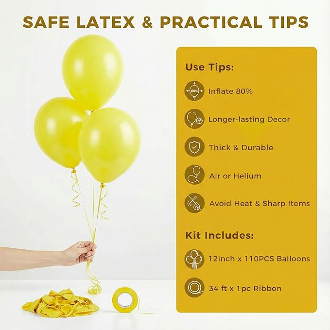 LovesTown 110PCS Latex Balloons, 12inch Party Balloons Arch with Ribbon for Birthday Baby Shower Wedding Party Decorations Yellow (Pack of 2)