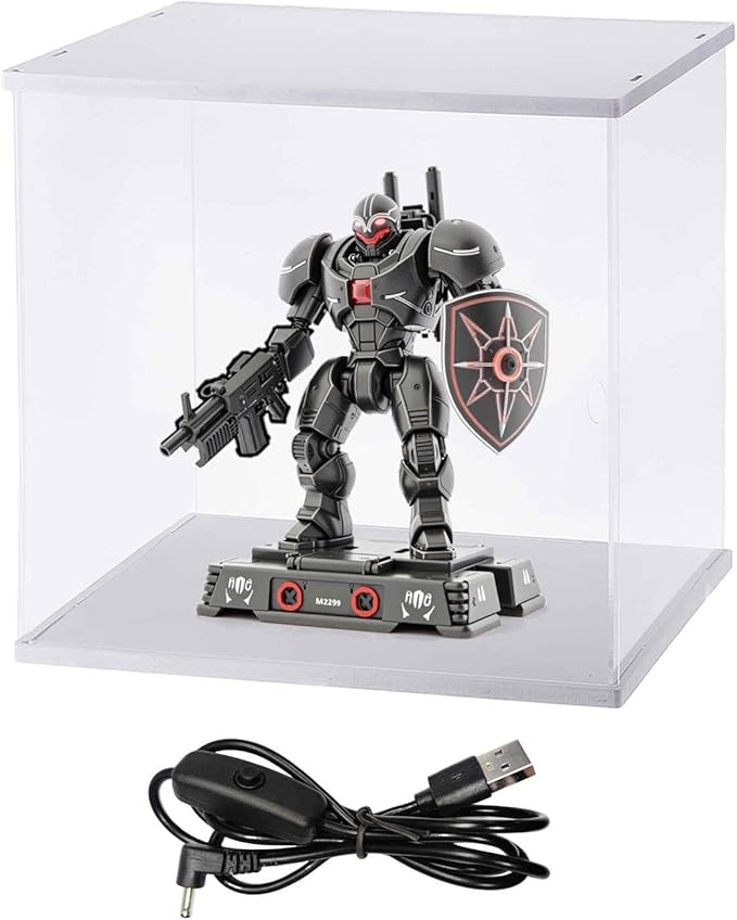 MECCANIXITY Clear Display Case, Acrylic Figure Display Case Clear Display Boxes for Collectibles, Figures Model Toys Home Storage(with Square LED Light, 6x6x8 Inch White Base)