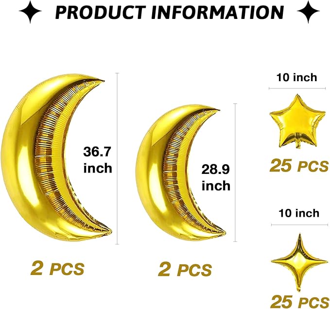 54Pcs Star Foil Balloons Moon Foil Mylar Balloons Kit with 50Pcs Gold Star Balloons and 4Pcs Large Moon Foil Balloons for Baby Shower Christmas Anniversary Engagement Wedding Birthday Party Decoration