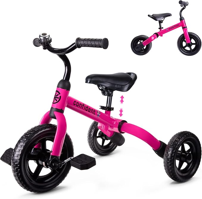 YGJT 3 in 1 Tricycle for Toddlers Age 2-5 Years Old, Folding Kids Balance Bike with Adjustable Seat and Removable Pedal, Toddler Bike Ride-on Toys for Infant, Gifts for Baby Boys Girls Birthday(Pink)