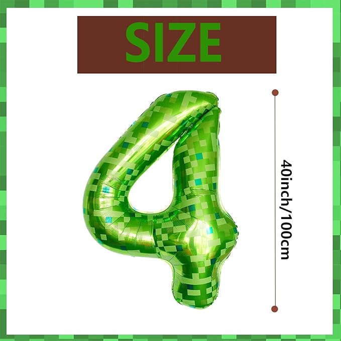 40 Inch Green Pixel Miner Number 4 Foil Balloons Large Mylar Mining Theme 4th Number Balloon for Boys Girls Video Game Birthday Decorations Pixel Game Party Supplies