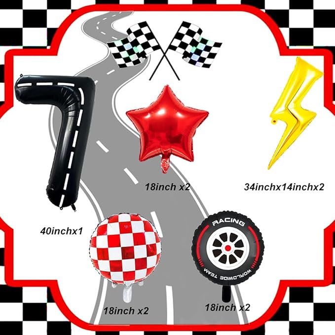 Race Car Birthday Party Decorations Large Lightning Bolt Foil Balloons Race Car Balloons 40 Inch Racetrack Number 7 Balloon for Boys 7th Race Car Birthday Party Decor Supplies