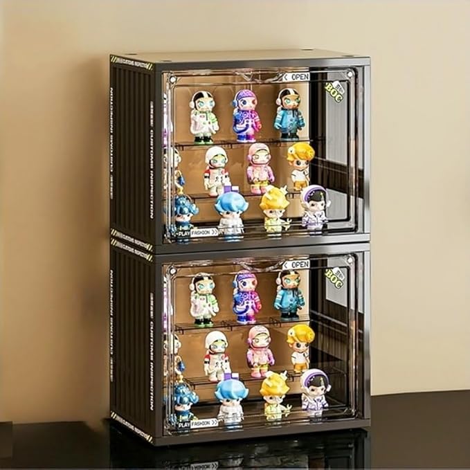 Clear Display Case for Figures, Acrylic Display Case for Collectibles, Adjustable Figure Display Case with Magnetic Door, Stackable Display Box for Action Figures, Pop Mart, Funko Pop (Black, 2 Pack)
