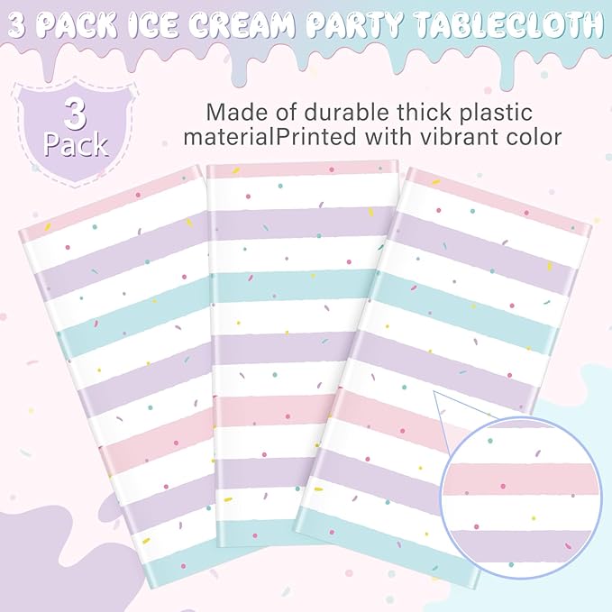3 Pack Sprinkle Ice Cream Tablecloth Party Decorations, Ice Cream Birthday Plastic Party Supplies, Donut Disposable Rectangle Table Cover for Kids Girls Sweet One Birthday Baby Shower, 54 x 108 Inch