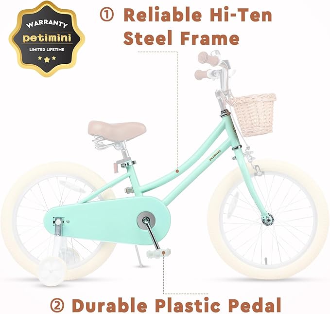Petimini Vintage Kids Bike for Girls, 12–20 Inch Classic Bicycle with Wicker Basket & Bell, High Tensile Steel Frame, Training Wheels (12–18”), 85% Pre-Assembled, Retro Bike for Outdoor Riding