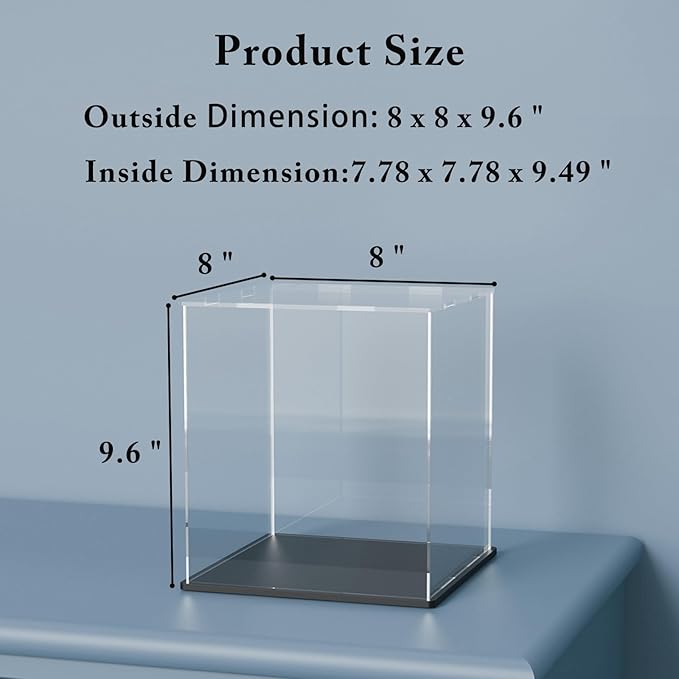 Acrylic Display Case with Black Base, 9 Inch Cube Box for Display, Simple Self-Assembly Countertop Box with Lip for Collectibles, Toys, Home Organization (8x8x9.6 inch)