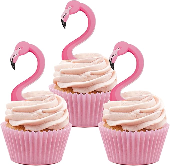 24Pcs Flamingo Cupcake Toppers, Tropical Aloha Cake Decorations for Luau Hawaiian Theme Baby Shower Birthday Party Supplies