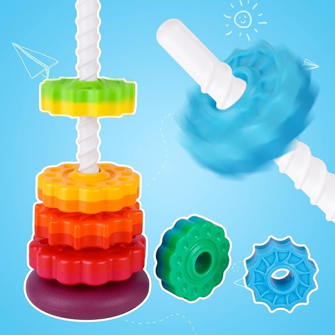 Spinning Stacking Toy for Kids, Rainbow Tower Dual-Color Spinning Wheels Premium Strong BPA-Free ABS Plastic Early Education Fun Learning and Engaging Brain Development Toys (Large 6th Floor)