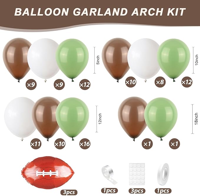 Football Balloon Arch Kit,Sage Green White Coffee Balloons with Football Foil Balloon for Boy First Year Birthday Sport Party Decorations Baby Shower Graduation Sport Themed Party Supplies