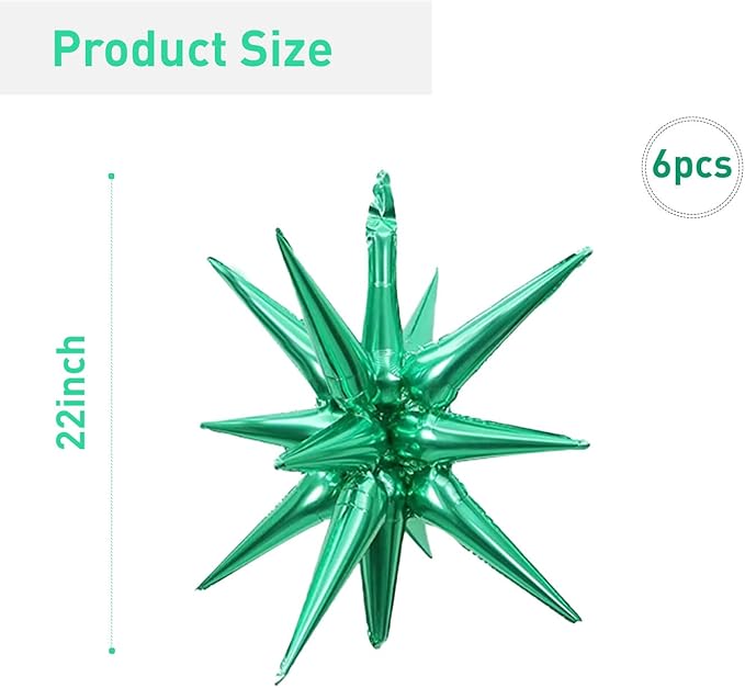 6 Pcs Green Star Foil Balloons One-Piece 14-Pointed Star Balloon 4D Starburst Cone Mylar Balloon 22inch Christmas Birthday Wedding Wedding Anniversary Party Supplies(Green)