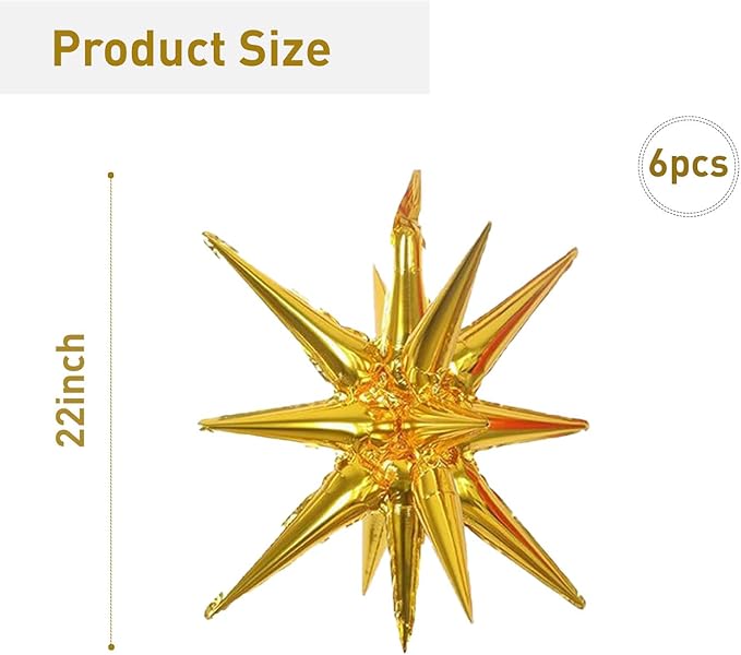 6 Pcs Gold Star Foil Balloons One-Piece 14-Pointed Star Balloon 4D Starburst Cone Mylar Balloon 22inch Christmas Birthday Wedding Wedding Anniversary Party Supplies(Gold)