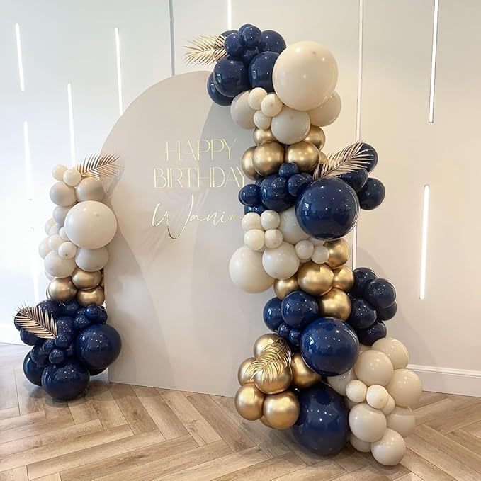 Navy Blue and Gold Balloons, 12 Inch Dark Blue and Gold Double Stuffed Pearl White Sand Balloons for New Year Graduation Mens Birthday Retirement Party Decorations