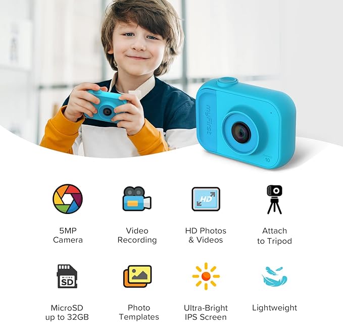 myFirst Camera 10 - Kids Digital Mini Camera for Boys and Girls Durable Design, 5MP Photos 1080p Video, Tripod Adapter, MicroSD Card, Gift for Kids 3-12 (Blue)