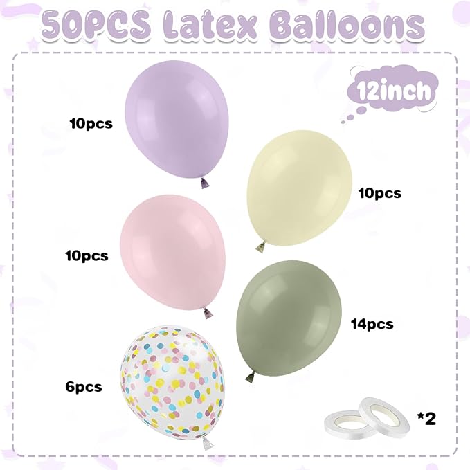 Pastel Balloons, 50Pcs 12 Inches Dusty Mist Green Macaron Purple Pink Yellow Balloon with Confetti Latex Balloons for Baby Shower Birthday Wedding Spring Flower Party Decoration