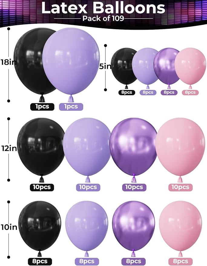 Pink and Purple Balloon Arch Garland Kit, 109PCS Pink Purple Black Balloons with Starburst Foil Balloons, Trendy Music Birthday Decorations for Girls and Teens, Concert and Movie Fans Party Supplies