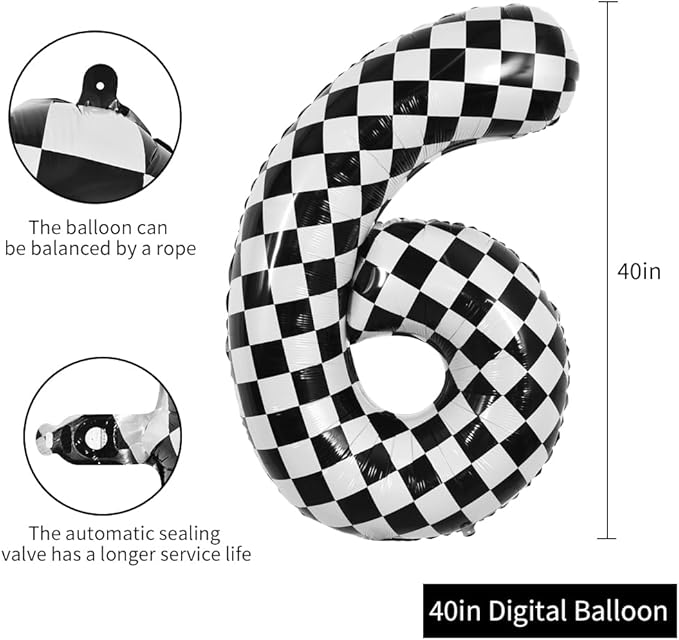 TONIFUL 40 Inch Checkered Number 6 Balloon 6th Race Car Birthday Party Supplies Black and White Large Number Balloon for Girls Boys 6th Birthday Fast Race Car Flag Party Decorations