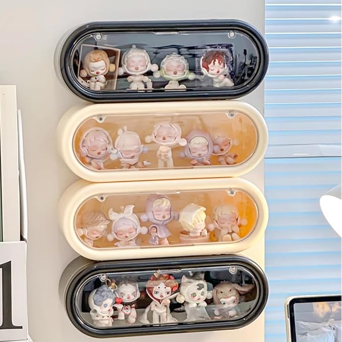 2 Pack Clear Display Case for Figures, Wall Mounted Acrylic Display Box with Magnetic Door, Dustproof Showcase for Collectibles Mini Funko Pop Popmart Action Figures (Cream)