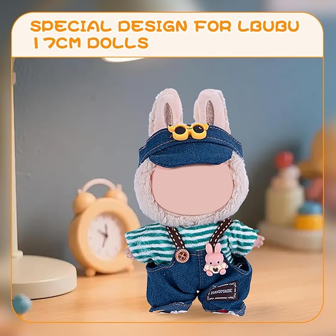 17cm Doll Clothes 5 Sets, Hat & Overalls Dress Up Outfit Compatible for Labubu 17cm 15cm Accessories, No Doll Included