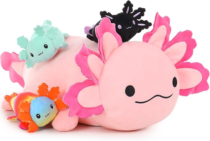 4Pcs Axolotl Plush Set - 24 Inch Large Pink Mommy with 3 Babies, Soft Pillow Stuffed Animals for Decor or Gift, Safe for Girls & Boys