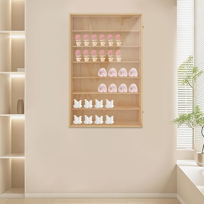 7 Tier Wall Mount Display Case, Wooden Wall Mount Display Case with Acrylic Glass Door and Metal Latch, Wall Mountable Shelving Unit for Action Figures Collectibles Toys Model Cars