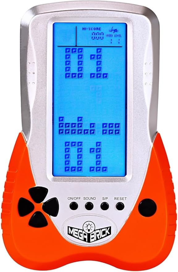 New Block Game Console Built-in Puzzle Games Dual Power Modes Blue Backlight Pluggable Headphone Simple Operation Long Battery Life Handheld Electronic Games Nostalgic Retro Toy/Gift (Orange)