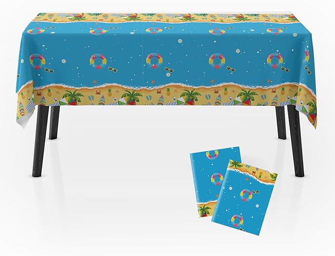 2Pack Beach Theme Tablecloth 54" x108", Summer Disposable Table Cover for Tropical Pool Party Decorations, Ocean Sand Seaside Picnic Plastic Table Cloth for Kids