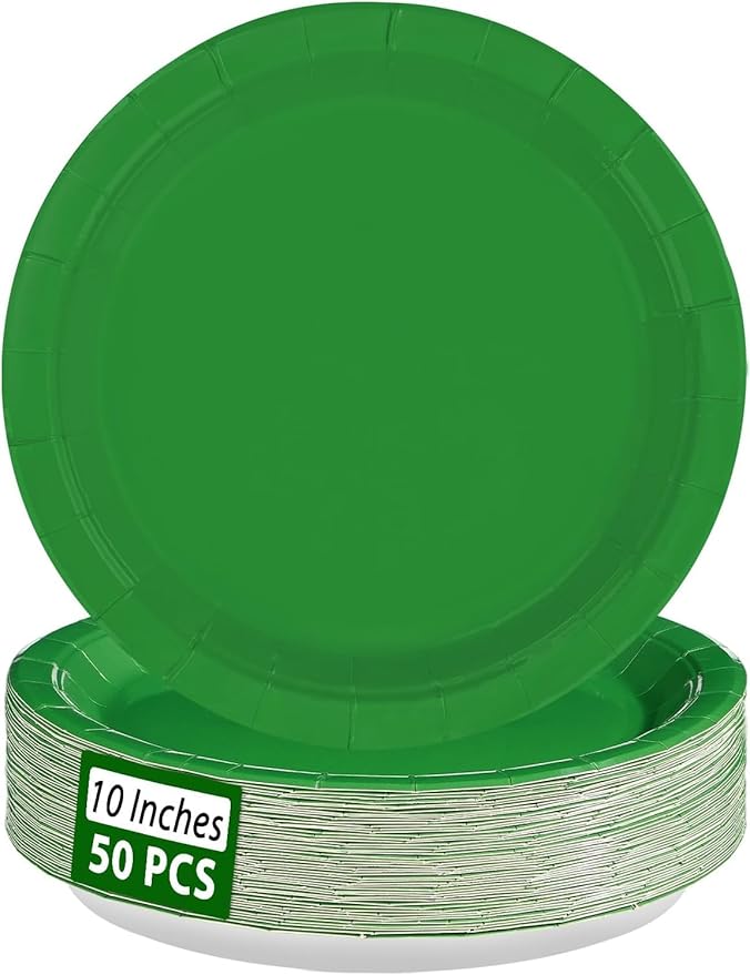 50Pcs St Patrick's Paper Plates 10" Heavy Duty Disposable Green Paper Platters Solid Color Dessert Plates for St Patricks Day Spring Holiday Festival Birthday Picnic BBQ Party Decorations