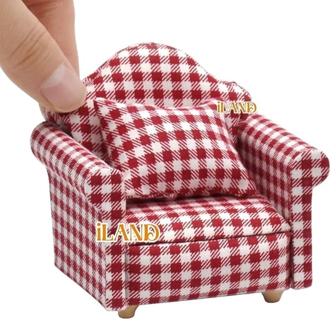 iLAND Cute Kids Toys for Girls 6-8 Lovely Dollhouse Furniture on 1/12 Scale Gingham Doll House Couch Set inc 2 Miniature Sofas 1 End Table 1 Rug Small for Girls