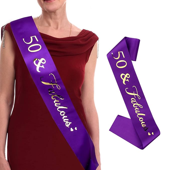 Purple 50th Birthday Decorations - Sash, Tiara, Crown & Party Favors